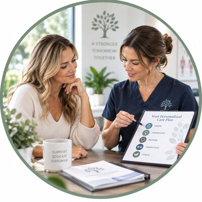 Healthcare professional discussing a personalized care plan with a client during a clinical consultation.