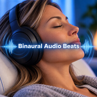 Woman relaxing with noise-cancelling headphones while listening to binaural audio beats during a wellness session.