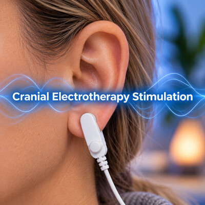 Close-up of a white earlobe clip used for cranial electrotherapy stimulation during a wellness session.