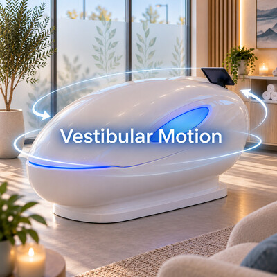 Closed Theta Chamber with gentle circular motion graphics representing vestibular motion during a wellness session.